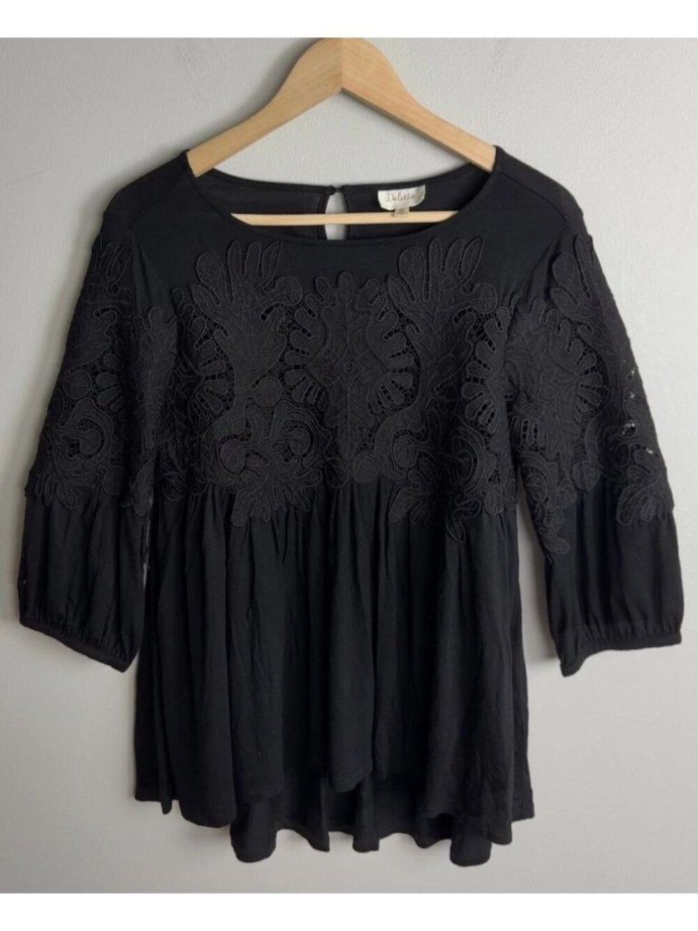 Deletta Black Floral Lace Blouse Top Embroidered Peasant Size XS Women’s